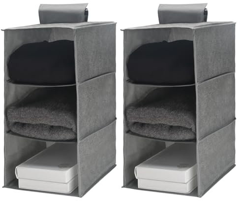 Minnhua 2 Stück Hängeaufbewahrung, Schrank Organizer Hängend mit 3 Fächern, Hängeorganizer Schrank, Hängeregal Stoff für Schlafsaal, Schlafzimmer, Wohnzimmer (Grau)