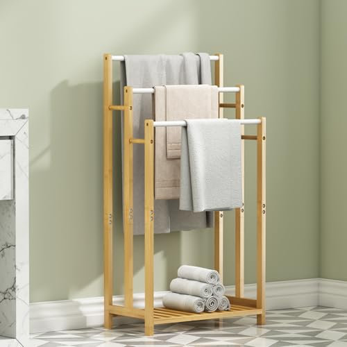 Dripex Freestanding Towel Rack, Towel Shawls Holder with Bamboo Storage Shelf, Stainless Steels Rods, Bamboo Frame, Lightweight, for Home, Bathroom (L46xW24xH66/76/86cm)