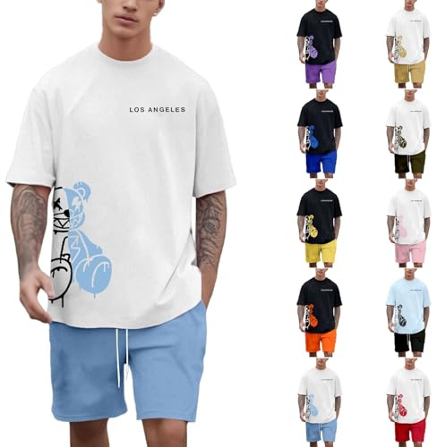 Bauzuoyo Conjunto de Pijama para Hombre Corto de Verano Gracioso con Estampado de Osos Y2K Ropa de Calle Streetwear Cómoda y Transpirable Juego de Pijama Casual de Manga Corta Camiseta y Pantalones