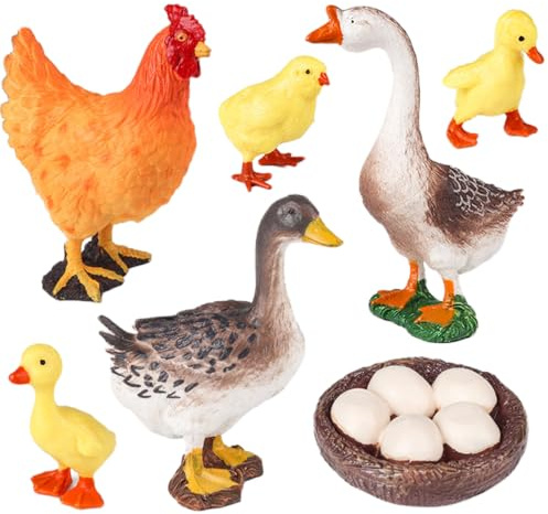 AENIMELY Set Figurine Pollame Realistico Cavo con Pulcino, Anatroccolo, Gallina, Oca, Nido con Uova, Giocattoli Educativi Animali da Fattoria per Bambini, Cake Topper