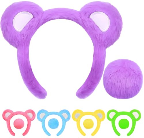Btanadi Bear Ears Headband and Tail Set – Cute Bear Costume Accessories for Adults, Storybook Character Cosplay Outfit with Tail, Easter Fancy Dress – Purple