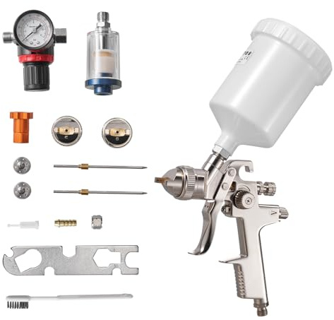 VEVOR Pistola Pulverizadora de Pintura Neumática LVLP 600 ml, con Alimentación por Gravedad y 3 Boquillas de 1,3/1,4/1,7 mm, Acero Inoxidable y Latón, para Muebles y Coches, 205 x 100 x 290 mm