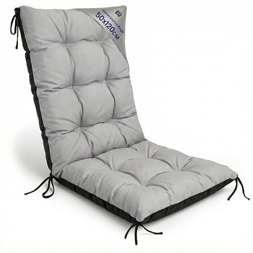 Amazinggirl Cojines Sillas Terraza Pack de 50x120 cm - Cojines para Sillas de Jardín con Respaldo Alto & Exterior Gris Cojín Silla Jardin Acolchado Grueso 10 cm con Cintas
