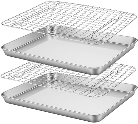 MUKSEUT 2 stycken bakplåtar med kylgaller-set, rostfritt stål, bakplåt, ugnsplåt med galler, ugnsplåt med kakgaller för bakning kylning servering 31,5 x 24,5 x 2,5 cm