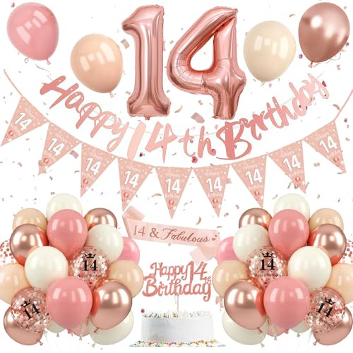 14. Födelsedagsdekoration flicka, roséguld 14. Födelsedagsdekoration, dekoration 14 födelsedag flickor, ballonger 14 år födelsedag ballong rosa vit med banderoll Happy Birthday-tårtdekoration för 14
