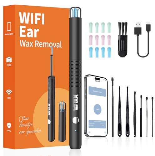 Xylla Otoscopio Limpiador de Oidos Cera 3,5mm-Endoscopio con WiFi 1920P Camara y 6 LED con 12 Orejeras de Silicona +8 Herramientas Profesionales,Ear Cleaner IP67 Impermeable para iOS/Android (Negro)