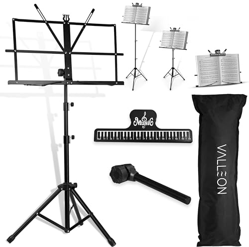 VALLEON® Notenständer [klappbar & stabil] - höhenverstellbares Notenpult mit Stativ und Tisch-Halter für Kinder & Erwachsene [68-132 cm] - All-in-One Set inkl. Tasche und Noten-Clip, schwarz
