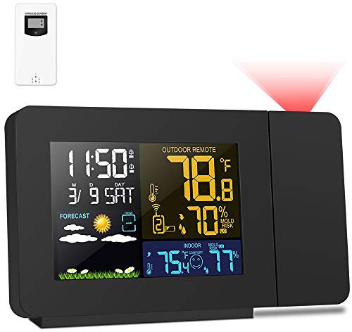 Radio Control(Official 2023MSF UK Version)Kalawen Projection Alarm Clock with Outdoor Sensor,Weather Station for Bedroom,Projector Dimmable Clock Dual Alarms LCD Display Temperature Humidity Date Time