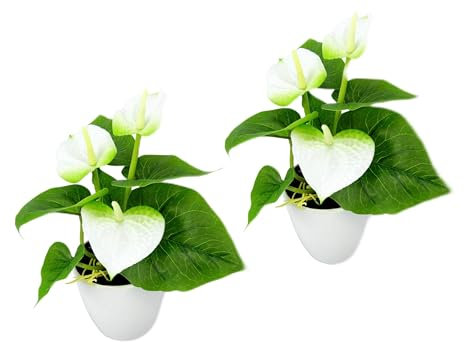 Künstliche Pflanze Mini Anthurium-Pflanze im Topf Anthurie exotische Flamingo Blume Flamingoblume Flamingopflanze Pflanze rote Blüten Kunstpflanze Dekopflanzen Kunstblumen Deko Blumen 2er Set