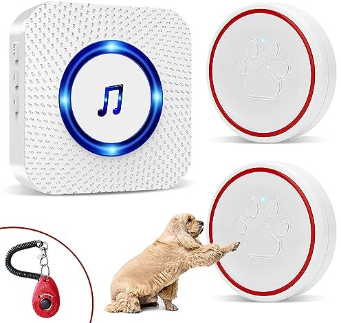 ChunHee Dog Door Bell - Doggie Doorbell Puppy Training - Dog Bells Toilet Training Smart Buttons Dog Clicker Operating at 500Feet with 55 Melodies 5 Volume Levels LED Light Flash 1Receiver 2 Bells