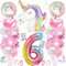 Xionghonglong Einhorn 6. Geburtstag Deko, Rosa Einhörner, Aluminiumfolienballons, Pailletten, großer Einhornballon, runde Einhornballons, sternförmige rosa Bänder