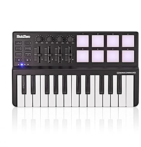 SubZero Portable 25 Key MIDI Controller 8 Pads 4 Knobs & 4 Faders
