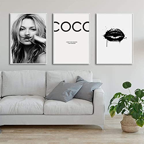 Abstrakt modern mode flicka väggkonst canvas målning svart vit Coco läpp salong affisch tryck bild kanvas väggkonst för vardagsrum heminredning ramlös 50 x 70 cm x 3 st