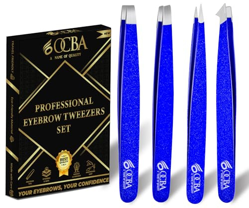 OCBA Tweezers for Facial Hair Women & Men for Precise Grooming of Eyebrows - Professional Stainless Steel Black Color Coated Eyebrow Tweezers for Ingrown Hair on Nose Ear (2 Pcs) (Blue)