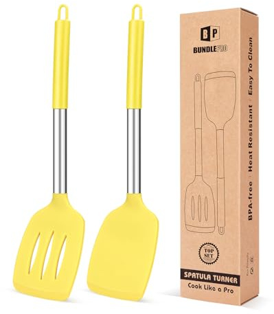 Pack of 2 Silicone Solid Turner,Non Stick Slotted Kitchen Spatulas,High Heat Resistant BPA Free Cooking Utensils,Ideal Cookware for Fish,Eggs,Pancakes (Yellow)