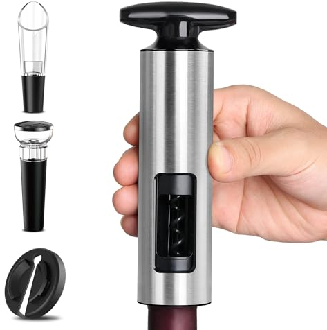 Weinflaschenöffner Set, HOOMIL 4-in-1 Weinöffner Set Profi Korkenzieher für Wein mit Folienschneider, Vakuum Weinverschluss und Weinausgießer, Silber