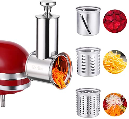 RAFBAR Slicer Shredder Attachment for KitchenAid Stand Mixer | 75mm Wider Blade Cheese Grater Attachment for KitchenAid, 60mm Large Feed Chute, 3 Drum Blades, Salad Maker, Dishwasher Safe