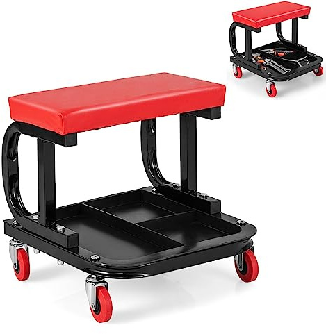 TANGZON Rolling Mechanic Stool, Padded Creeper Seat with 4 Universal Wheels & Tool Tray, 150/185KG Capacity Heavy Duty Garage Tool Workshop Stool Trolley (150kg Load, Red+Black)