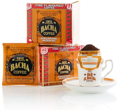 Bacha Coffee | Singapore Morning Arômes Délicats, Grains 100% Arabica, Torréfaction Medium, x12 sachets de café individuels avec filtre