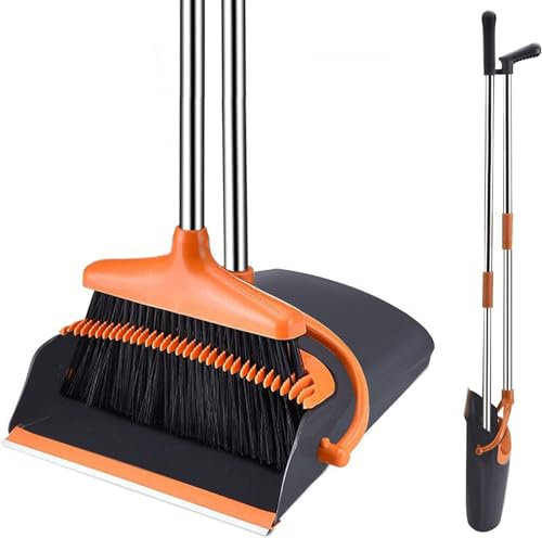 Besen und Kehrschaufel Set,mit langem Griff Ausziehbarem Stiel,aufrechter Kehrschaufel,Broom and Dustpan Set für drinnen und draußen, Garage, Küche, Büro