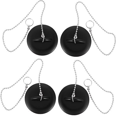 KONTONTY Tapones De Agua Sellados De Silicona Negra para Lavabo y Bañera, 4 Piezas, con Cadena Integrada, Resistentes Al Agua, Uso Doméstico y Hotelero, Adecuado para Baño y Fregadero