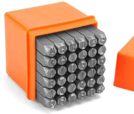QWORK® 36-teiliges Schlagzahlen Set, 6mm Schlagbuchstaben A-Z, Zahlen 0-9, Symbol &, Metall Schlagstempel für Metall, Kunststoff, Holz und Leder
