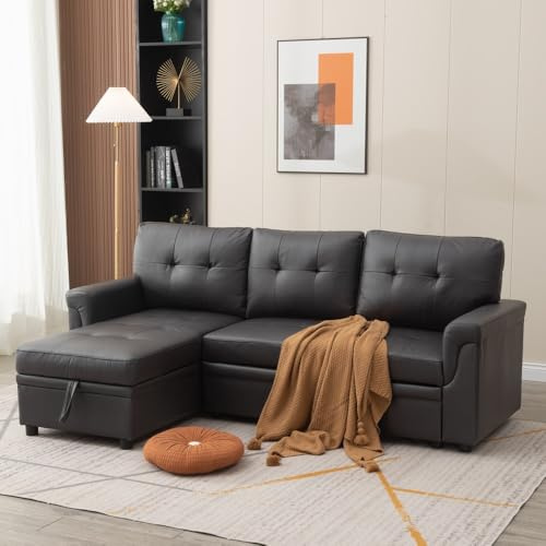 Panana Corner Sofa Bed - Universal Pull Out SofaBed - Left or Right Side Storage Chaise Couch,Sofa Bed Settee Sectional Sofa (Black Leather)