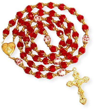 Nazareth Store Catholic Red Crystal Beads Gold Rosary Necklace