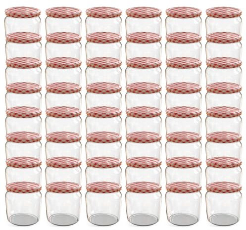 Oputec 48 x 360 ml Einmachgläser mit Schraubdeckel rot kariert – Perfekt für Marmeladen, Konfitüren und mehr, Vorratsgläser mit Deckel, ideal als Marmeladengläser und Schraubgläser