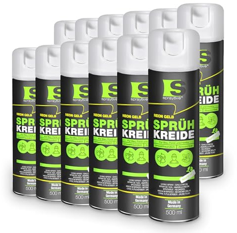 Spraytive 12 x 500 ml di gesso spray giallo neon – Colorante a gesso lavabile, spray per pavimenti, spray temporaneo per asfalto, erba, calcestruzzo