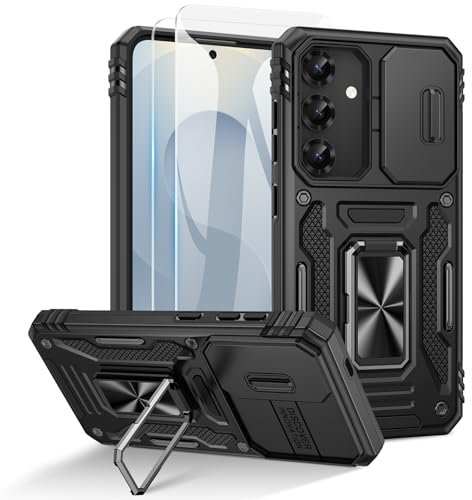 Doeshine for Samsung Galaxy S25/S24 Case with 2 Pack Screen Protector, 360° Rotate Ring Stand, Slide Camera Cover, Heavy Duty Shockproof Protection Hard Case for Samsung Galaxy S25/S24 (Black)