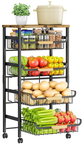 OrderlyGo 5-Tier Küchenwagen mit Rollen - Gemüseregal mit Holzplatte, stapelbaren Körben & 4 Lenkrollen (2 feststellbar), mobiler Servierwagen für Küche, Vorratsraum, Büro (Schwarz)