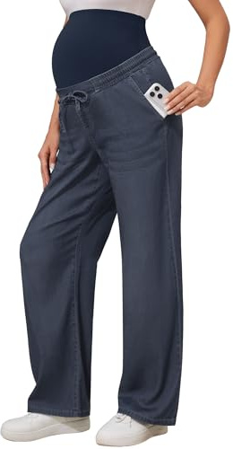 POSHGLAM Maternity Jeans Soft Thin Denim Lightweight Comfy Stretchy Drawstring Pregnancy Pants with 2 Pockets(Vintage Blue, Large)