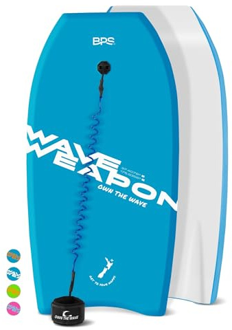 Own the Wave Bodyboard für Erwachsene und Kinder, 84,6 cm, glatte Unterseite aus HDPE EPS-Kern – leichtes Bodyboard, perfekt zum Surfen mit gewickelter Leine Schwimmflossenriemen (blau weiß)