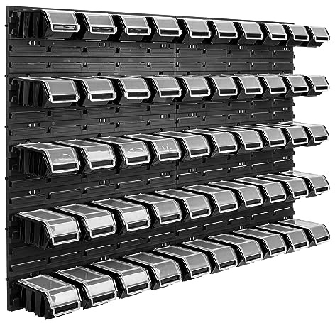 Lot de 50 boîtes de rangement empilables en plastique bacs a bec noir, systeme de rangement murales 115 x 78 cm, vis, clous, attaches, DYI, bricolage, garage atelier, crochets a outils