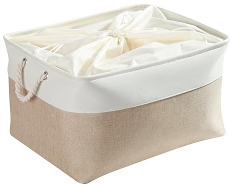 Mangata Extra Large Storage Boxes, Fabric Storage Baskets with Rope Handles for Cupboards, Shelves, Wardrobe, Toys, Clothes (Foldable, Light Khaki White)