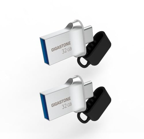 GIGASTONE 32GB Nano Luxus Dual Drive (2 Pack) Z50 USB 3.2 Gen 1, 2-in-1 USB-A & Type-C, 100MB/s Ultra Fast, Cap Design, Metal, Plug & Play for Smartphone/PC/Mac/TV/Car, 2.0/3.0/3.1 Compatible
