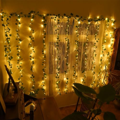 Lfasww Led Ivy Vine Lights 12 Pack 9.4 FT * 6.2 FT Artificial Ivy with 240 Curtain Lights 8 Modes Room Vines for Bedroom Wall Weddings Party Christmas Garden Festival Decor