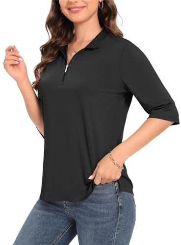 JOYMASAR Damen-Golfshirt, schnelltrocknend, 3/4-Ärmel, Tennis-Top, LSF 50+, Kragen, Golf-Poloshirts für Damen, mit Reißverschluss, Schwarz, Mittel