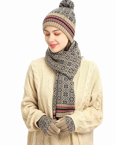 Hilmocho Damen Mütze Schal Handschuh Sets Winter Warm Gestrickt Hut Halsträger Touchscreen Handschuhe Fleece Gefüttert 3 in 1 Kaltwetter Set