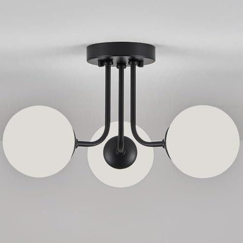 YIKEGE LICHT Modern Hängend Lampe Deckenleuchte Deckenlampe Retro Luster Hängeleuchte Vintage Kronleuchter Wohnzimmer Schlafzimmer Küche Esstisch mit 3 Mattglas Kugel Glas Globe Schwarz Lampenschirm