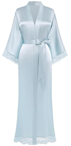 BABEYOND Women's Kimono Dressing Gown Satin Kimono Robe Long Pure Color Kimono Bridesmaid Bath Robe with Lace Trim for Nightwear Girl's Bonding Party Wedding Pajama Party