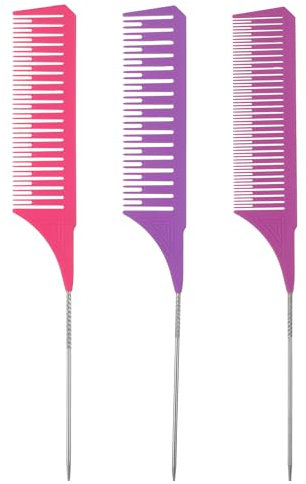 Lusofie 3Pack Highligh Comb, Weaving Combs for Highlighting, Hair Teasing Parting Comb with Long Stainless Steel Rat Tail for Hair Stylist Salon Barbershop Home(Pink, Purple, Light Purple)