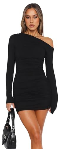 Kxydlww Damklänning elegant långärmad sexig miniklänning med en axel miniklänning med axellös casual bodycon-bodycon-klänning cocktail party klänning höst vinter, Svart, M