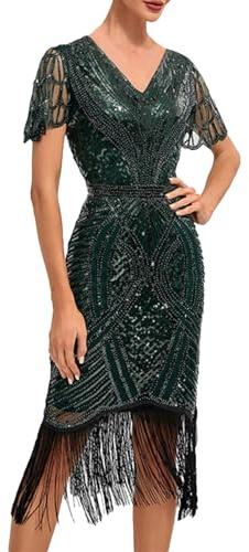 Abito da donna anni 20 Gatsby 1920er, abito verde con frange dorate, abito da ballo flapper, abito corto Charleston, costume da carnevale e da festival con paillettes, abito a maniche corte con frange