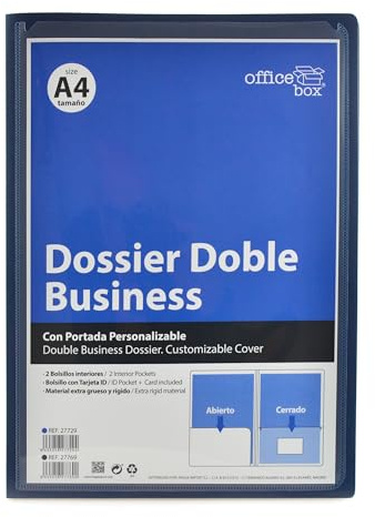 Pack 5 Dossier De Presentación Doble Business – Portada Personalizable, 2 Apartados Interiores + Tarjetero - Tamaño A4 Hasta 70 Hojas - Muy Rígido, by Office Box. (Azul)