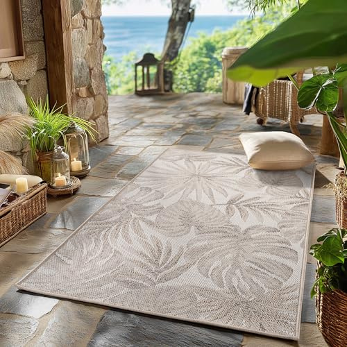 SIMPEX Outdoor Teppich Wetterfest Beige 80x150 cm Läufer, UV-beständig, ideal für Küche, Balkon, Terrasse auch Wohnzimmer und Esszimmer, Palmblätter-Design, Pfelgeleicht
