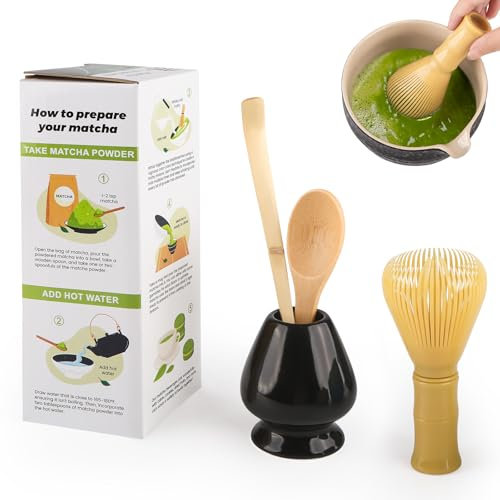 Matcha - Juego de 4 piezas de ceremonia japonesa, batidor Matcha de Resina, cuchara de bambú, pala de bambú, soporte para batidor, el conjunto perfecto para preparar, negro