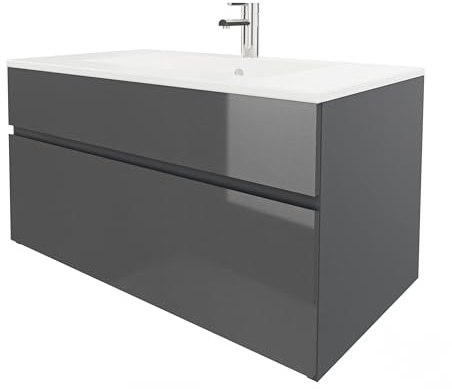 wohnartig® Stella Waschtischunterschrank – Hängend | Anthrazit | Anthrazit Hochglanz | 81,2 × 46,5 × 50 cm | Moderner Waschbeckenunterschrank mit Keramikwaschbecken | Waschbecken mit Unterschrank