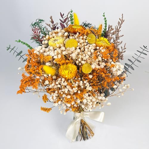 Handmade Dried Flower Bouquet, 14” Natural Orange & Yellow Floral Arrangement with Baby’s Breath, Craspedia & Eucalyptus – Boho Home Decor, Wedding Centerpieces, Rustic Floral Gift